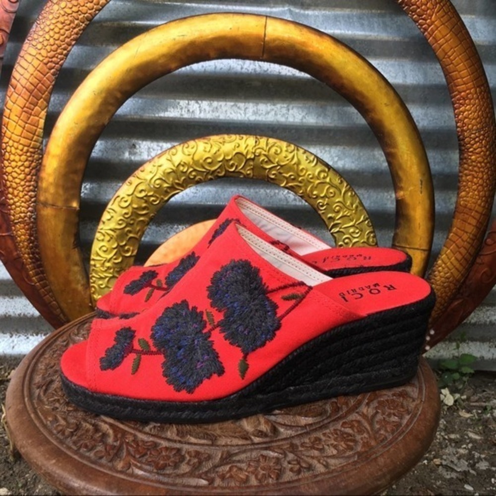 Neiman Marcus Floral Red and Black Wedges